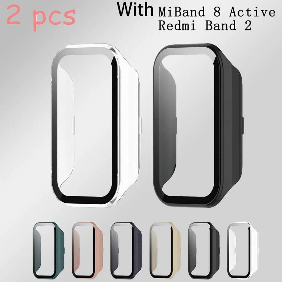 2 paquetes de carcasa dura de PC para el smartwatch Xiao Mi Smart Band 8 Active, con protector de pantalla de vidrio templado completo, funda protectora a prueba de golpes y accesorios para hombres y mujeres para Mi Band 8 Active y Xiao Mi Redmi Band 2