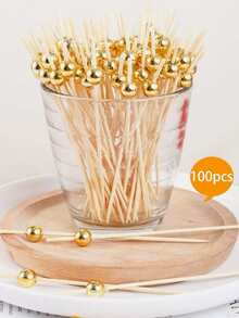 Un Paquete De 100 Piezas De Palillos De Frutas Desechables Galvanizados En Oro Y Plata, Barra De Color Rosa, Palillos De Dientes Artísticos, Palillos De Frutas, Decoración De Cóctel Hecha A Mano - Rosa Pálido - Ver 1