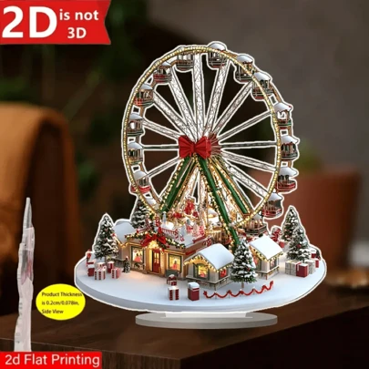 2D Plane, 1 Bohemian Crystal Village Ferris Wheel Decoration, Paired With A Snowy Tree - Artistic Acrylic Desktop Decoration, Suitable For Home, Office, Or Cafe - Perfect Christmas And Thanksgiving Gift - 2D Printed Festive Scene, 2D Plane.