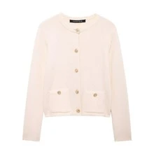 Nuevo Seelio Cardigan de punto con acento de botón dorado, para otoño/primavera - Beis - Ver 3