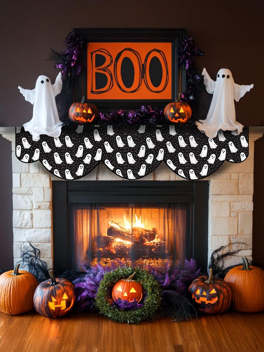 1 Stück/8 Stücke Halloween Geist Muster Kamin Schal, Halloween Kamin Dekoration, Halloween Hängedekoration, saisonale Heimdekoration für Herbst, Retro Stil, kurzes Plüschmaterial, 48*200CM, Halloween Innen- und Außendekoration, Partyzubehör, Halloween Themen Dekoration, Raumdekoration. Geeignet für Heim- und Küchendekoration sowie Halloween Party Dekoration - Verschiedenfarbig - Übersicht 1
