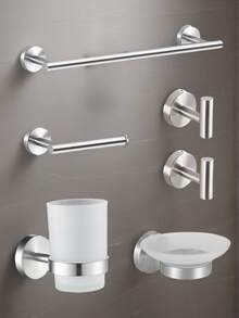 Juego de colgadores de almacenamiento para baño - Kit de colgadores para baño - Toallero de acero inoxidable negro - Gancho multifuncional - Estante para papel higiénico - Vaso de lavado de vidrio - 1 pieza