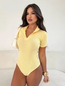 Women's Ribbed Polo Bodysuit With Collar – Casual, Elegant And Timeless - Kuning - View 3