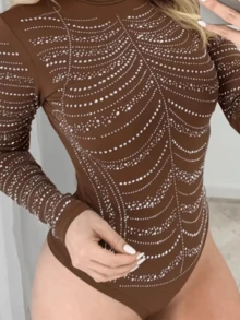 Women's Tulle Bodysuit With Long Sleeves And High Neckline And Premium Rhinestones - 鏽棕色 - 查看 2