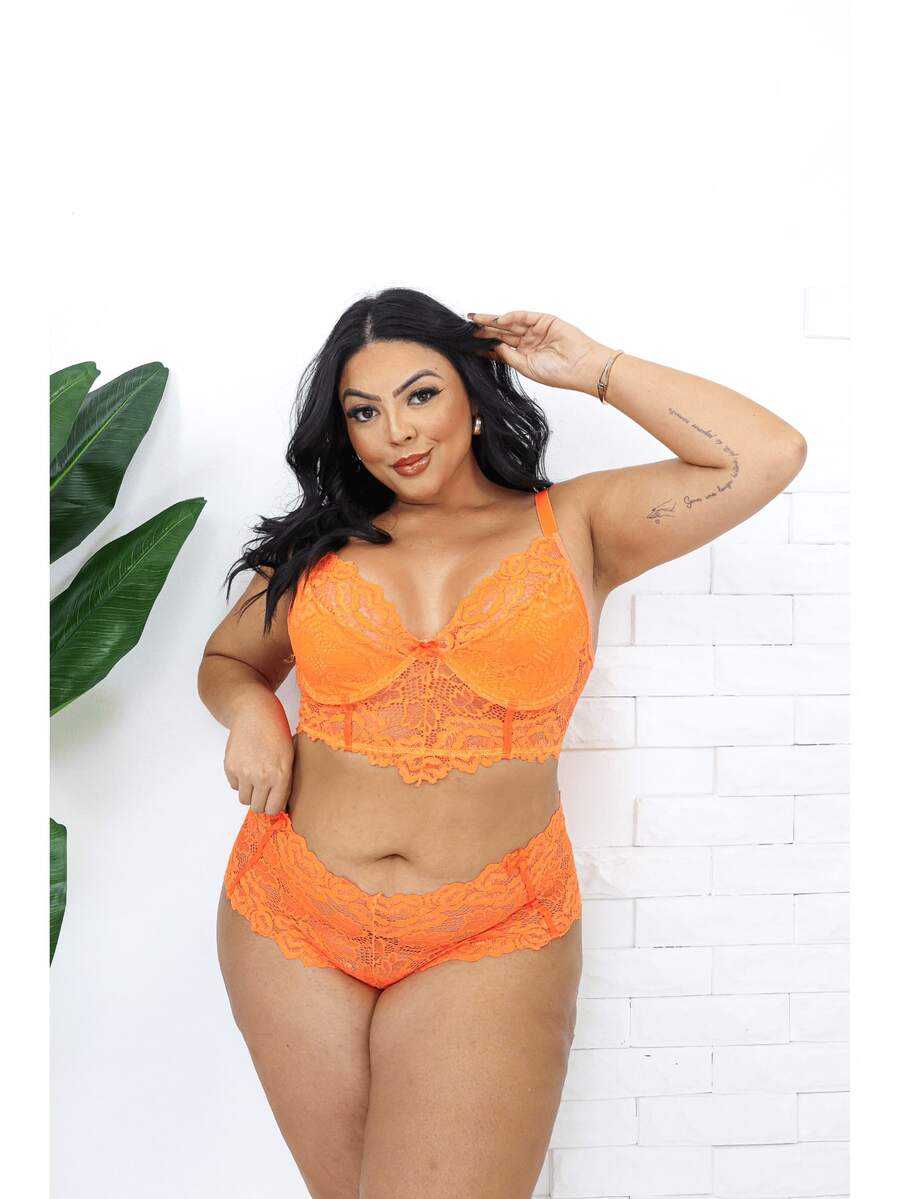 Plus Size Lingerie With Reinforced Straps Cropped And Briefs Plus Size Set - Burnt Orange - View 1