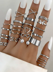 22/23Pcs/Lot Cute Exquisite Girls Boys Rings Heart Butterfly Geometric Shape Style Birthday Party Gifts For Friends Daily Wearing Jewelry Accessories