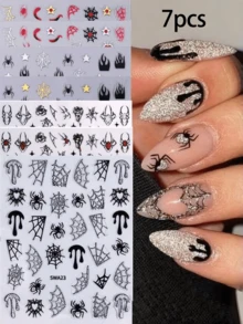 1/7 Peças Adesivos de Unha de Aranha de Halloween, Teia de Aranha de Strass da Moda, Coração, Estrela Decalques de Arte de Unha, Decoração de Unha DIY da Moda, Adequado como Presente para Família, Namorada, Melhor Amiga
