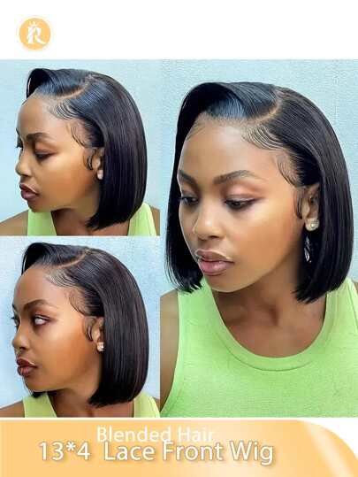 13*4 Front Lace Wig With Bob Blended Hair Is Made From Human Blended Hair Mixed With Synthetic Fibers And Protein Filaments Around Baby Hair, Black Natural Color 180% Density (Bob Wigs 6-16inch )