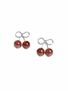 1 Pair Cherry Red Stud Earrings For Women, Cute & Fresh Fruit Design Earrings, Suitable For Daily, Casual And Business Wear - Silver - View 3