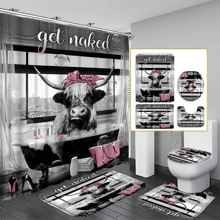4PCS Fashion Highland Cow Shower Curtain Sets With Rugs, Waterproof Fabric Grey Shower Curtain, Funny Quotes Bull Cattle Pink Floral Bag High Heels Perfume Bathtub Bubble Modern Bathroom Decor