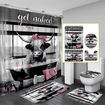 4PCS Fashion Highland Cow Shower Curtain Sets With Rugs, Waterproof Fabric Grey Shower Curtain, Funny Quotes Bull Cattle Pink Floral Bag High Heels Perfume Bathtub Bubble Modern Bathroom Decor