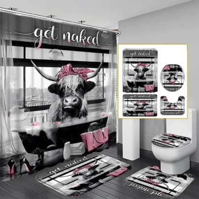 4PCS Fashion Highland Cow Shower Curtain Sets With Rugs, Waterproof Fabric Grey Shower Curtain, Funny Quotes Bull Cattle Pink Floral Bag High Heels Perfume Bathtub Bubble Modern Bathroom Decor