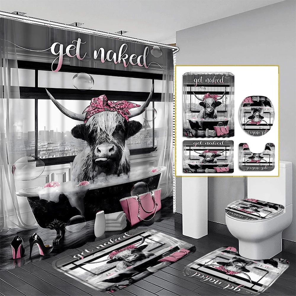 4PCS Fashion Highland Cow Shower Curtain Sets With Rugs, Waterproof Fabric Grey Shower Curtain, Funny Quotes Bull Cattle Pink Floral Bag High Heels Perfume Bathtub Bubble Modern Bathroom Decor