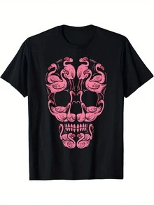 Summer Comfortable Casual Short Sleeve Pink Flamingo Skull Breast Cancer Awareness Halloween Men's Crew Neck T-Shirt - Black - View 1