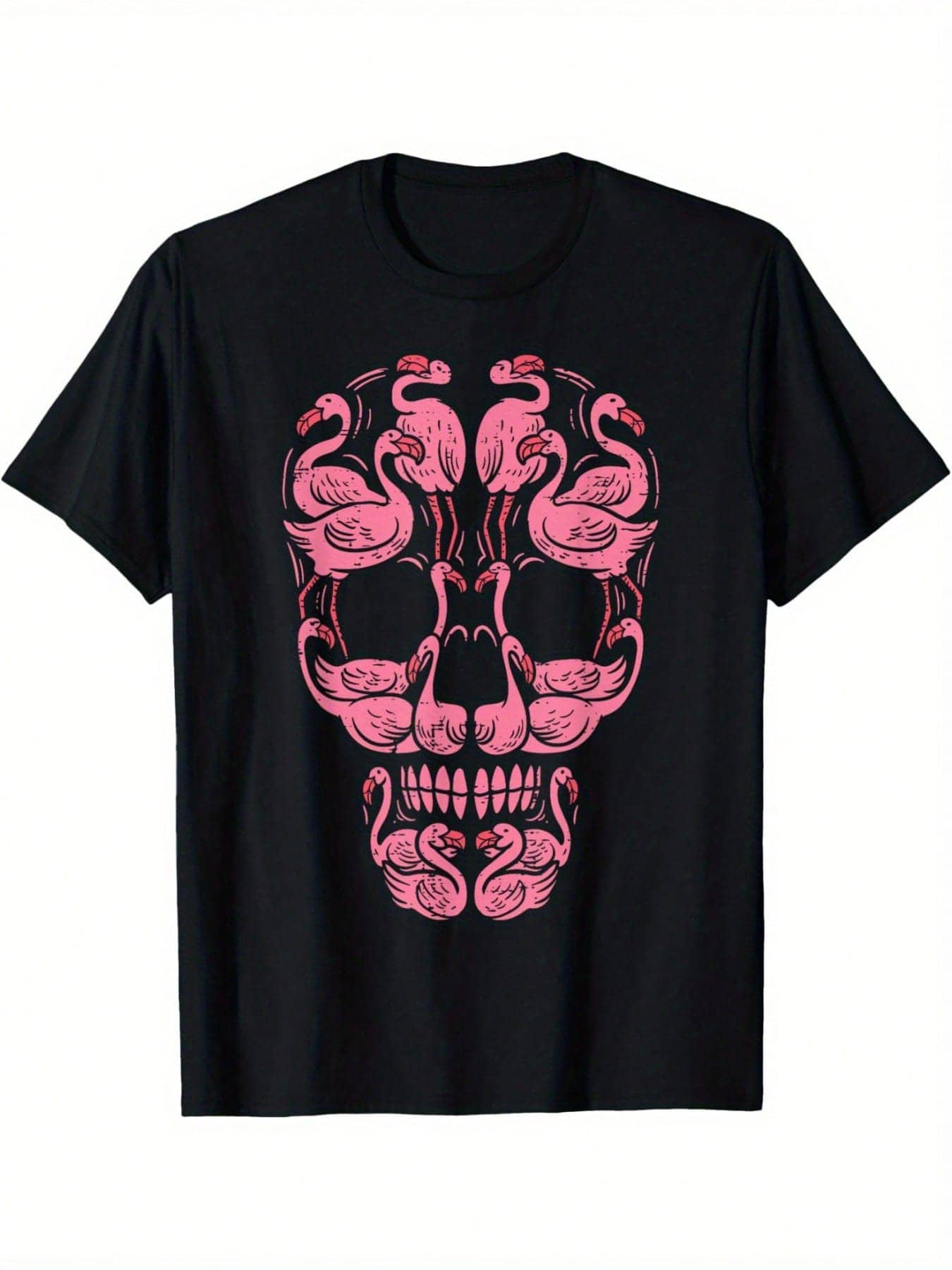 Summer Comfortable Casual Short Sleeve Pink Flamingo Skull Breast Cancer Awareness Halloween Men's Crew Neck T-Shirt - Black - View 1