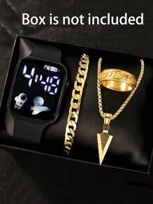 4件套，1件全新LED数字心形电子手表和3件十字/箭头合金戒指项链手链套装。万圣节、圣诞节、情人节、母亲节等节日礼物的最佳选择