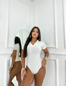 Women's Ribbed Polo Bodysuit With Collar – Casual, Elegant And Timeless - 白色 - 查看 3