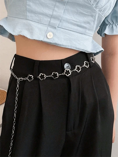 1件女士银色镂空花朵腰链，多功能束腰带，可搭配连衣裙、西装、衬衫等。