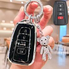 水钻熊吊坠钥匙扣，带全保护 TPU 钥匙扣外壳，适用于 2018-2022 RAV4、凯美瑞、卡罗拉、Avalon、C-HR、普锐斯、GT86、Highlander 汽车，是送给男士和女士的理想礼物 - 均碼 - 查看 4