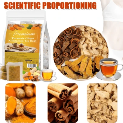 (30 Bags, 150g) Premium Turmeric, Ginger, Cinnamon Mixed Tea Bags, Natural No Additives, No Caffeine