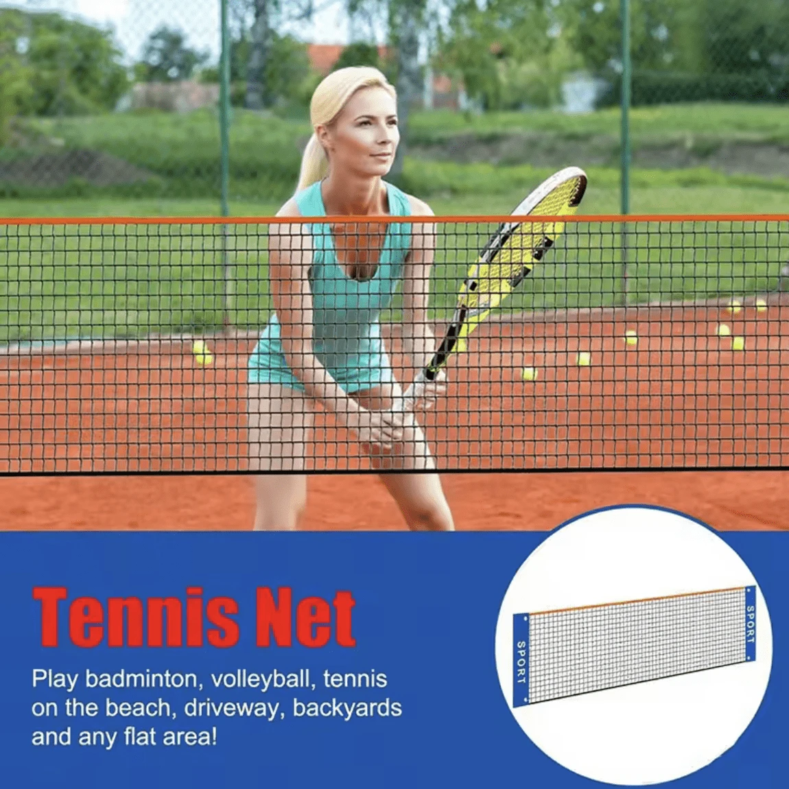 1pc Portable Tennis & Badminton Net 3.1m Wide Ideal For Gardens Courts Beaches Backyards Indoor/Outdoor Use Racks Not Included