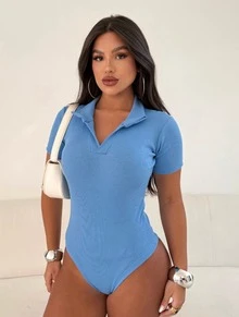 Women's Ribbed Polo Bodysuit With Collar – Casual, Elegant And Timeless - 淺藍色 - 查看 1