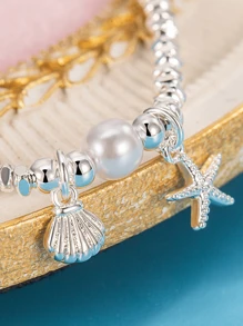 1pc 925 Sterling Silver Pearl Starfish Shell Bracelet - Unique Beach-Inspired Design Adorned With Silver Plates, Perfect Summer Gift For Mom Or To Create Coastal-Chic Looks