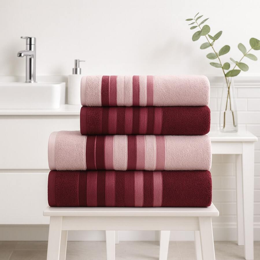 Giant Bath Towel Set 4 Pieces 100% Cotton Thick Plush Super Soft Excellent Absorption New Premier Valletex - 酒紅色/淺粉紅色 - 查看 1