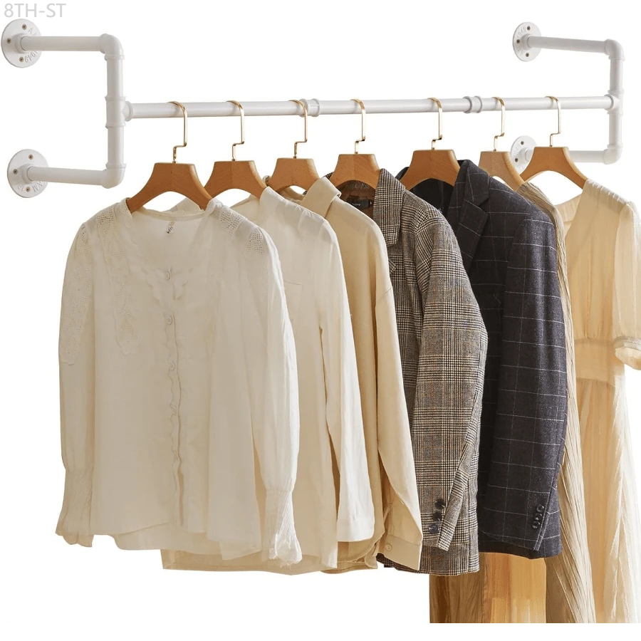 8TH-ST Industrial Pipe Clothes Rack, 50 Inch Wall Mounted Clothing Rack, Space-Saving Hanging Closet Rod, Heavy Duty Multi-Purpose Garment Rack For Closet And Laundry Room(4 Bases), White TYJ002W - trắng - Xem 1