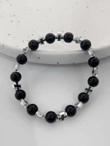 2pcs/1pc Vintage Fashion Stone Bead Cross Pendant & Beaded Bracelet Set, Casual Daily Wear, Gift For Boyfriend, Couple, Father, Son