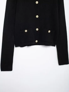Seelio New Arrival Gold Button Accent Knit Cardigan, Autumn/Spring - Black - View 8