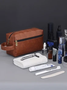 男士防水旅行洗漱包便携式化妆品收纳包拉链手提包复古缝线PU皮革洗漱包大容量旅行商务男士便携式洗漱包男士礼物圣诞袋防水背包复古男士礼物情人节 - 彩色 - 查看 4
