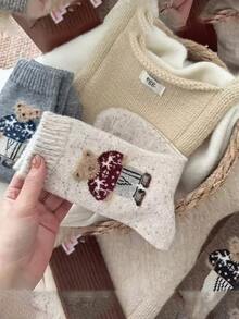 3/5 Pairs Random Vintage Cartoon Polka Dot Cute Bear Mid-Calf Socks, Autumn/Winter - Multicolor - View 8