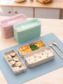 1 pieza Fiambrera de 3 compartimentos, diseño a prueba de fugas, con cuchara y tenedor, reutilizable, apta para microondas, caja portátil aislada para exteriores, juego portátil de preparación de comidas para adultos, útiles escolares, vuelta al colegio, artículos de cocina, regalo de Navidad - Multicolor - Ver 5
