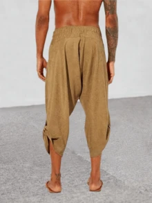 Runcati Mens Drawstring Linen Harem Capri Pants 3/4 Shorts Casual Beach Yoga Hippie Thai Pants - Màu vàng - Xem 3