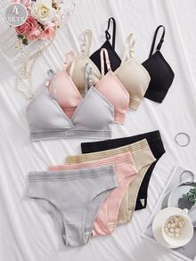 4件套纯色罗纹简约无钢圈透气运动文胸和内裤套装女士 - 彩色 - 查看 2