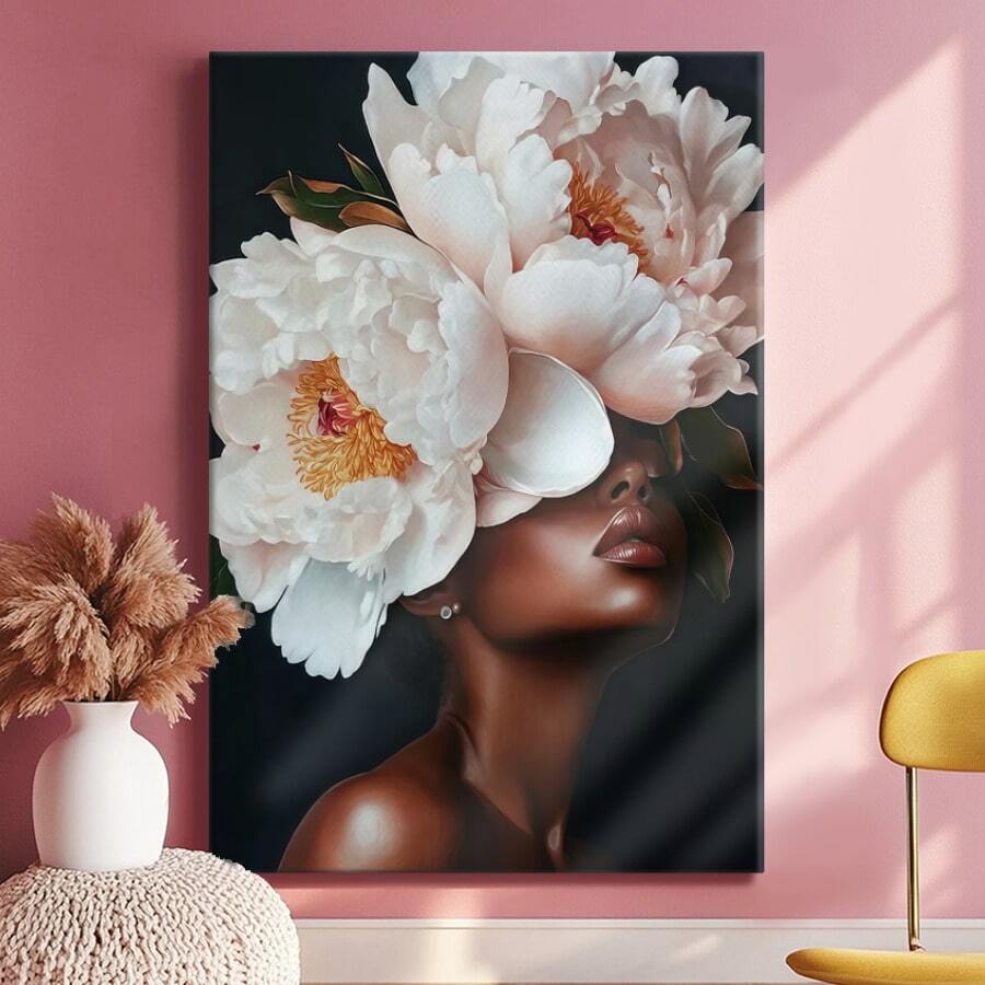 Elegant Black Art Painting African American Woman With Peony Head Surreal Floral Portrait Pink And White Flower Wall Art Gift - Framed, Vertical - 裱框畫布 - 查看 1