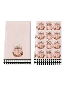 2pcs/4pcs/12pcs Pink Pumpkin Kitchen Towels, Thanksgiving Bathroom Decorative Towels, Thanksgiving Home Decor, Thanksgiving Kitchen Decor, Modern Style, Quick Dry, Super Soft Microfiber Material, Rectangular 40*60CM Digital Printing Pattern, Suitable For Autumn Kitchen Decor, Outdoor Party Decoration, Thanksgiving Holiday Gifts, Birthday Presents - Multicolor - View 2