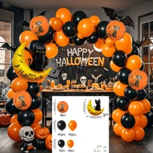 138pcs Halloween Party Balloon Wreath Arch Kit, 12/10/5-Inch Black, Orange Latex Balloons With Moon Kitten Aluminum Foil Balloons, Suitable For Halloween Decorations