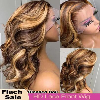 28英寸挑染蕾丝前假发，真人混纺发丝，4/27渐变蜂蜜金假发，女士款，13x4前蕾丝高清透明蕾丝假发，200%密度，彩色混纺发丝假发，预先拔毛，带婴儿发。