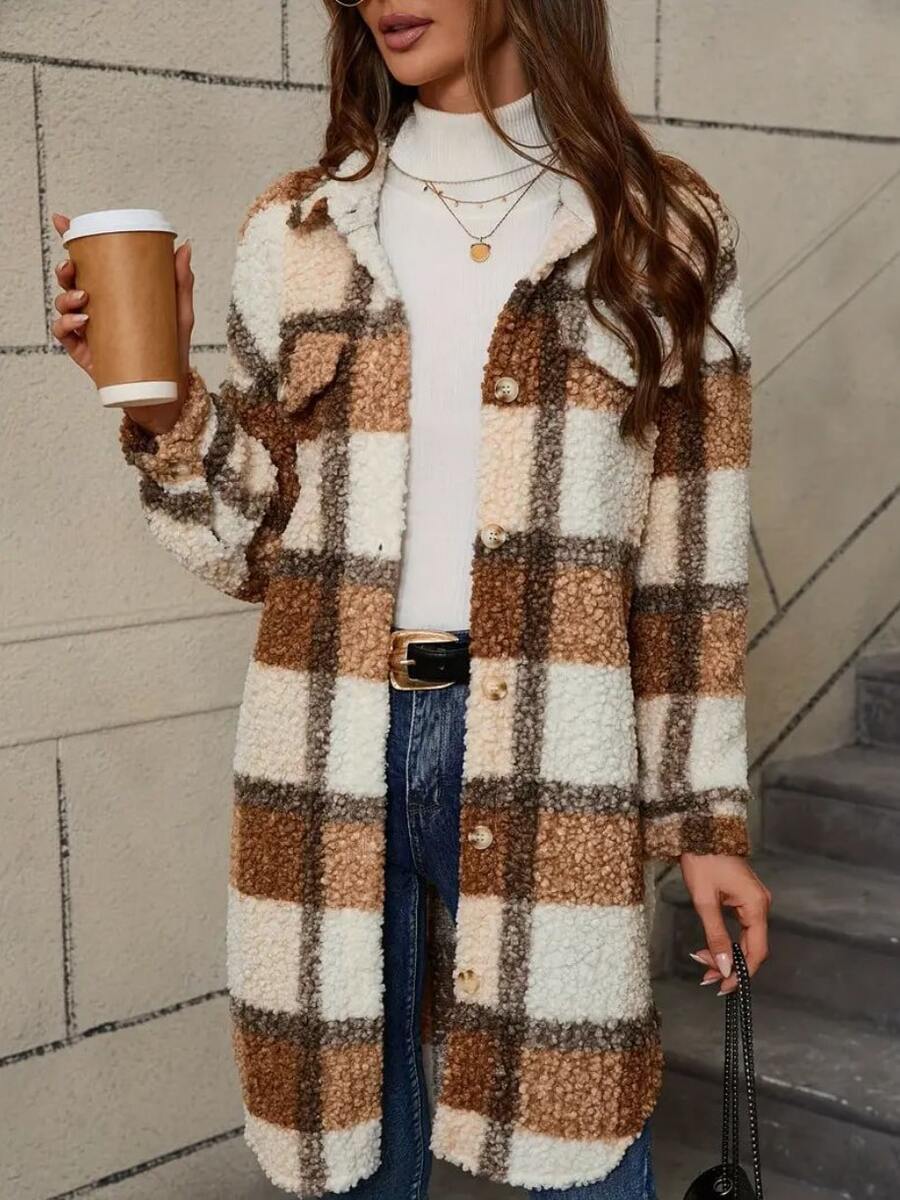 Karierter Fleece-Knopfverschluss Lässig Langarm-Jacke mit falschen Taschen