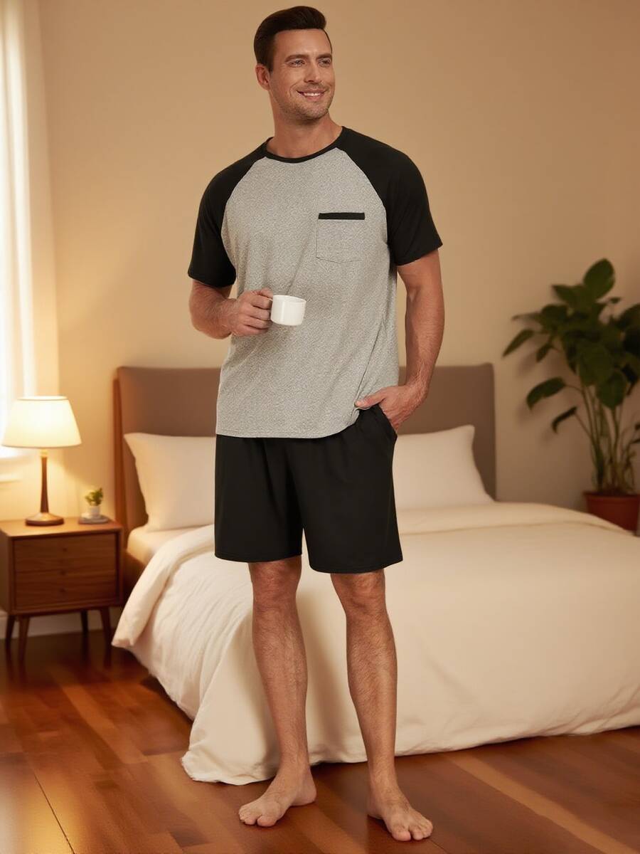 SANOPY Men's Pajama Sets Summer Pjs Sleepwear Nightwear Lightweight Quick Dry Soft Short Sleeve Pjs Sleep Set With Pocket - 黑色 - 查看 1