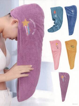 1/2/3 Pieces Set Of Coral Velvet Cartoon Embroidered Hair Blowing Hats, Women's Bathing Hats With Water Absorbing Triangle Hats, Water Absorbing Hair Blowing Towels, Women's Quick Drying Hair Towel, Highly Absorbent Coral Velvet Women's Hair Towel Set,Back To School,Travel Holiday Essentials,Hair Accessories For Women