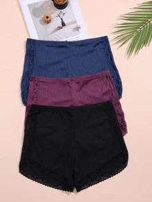 3pcs Women's Ribbed Lace Patchwork Comfortable Hipster Panties - Multicolor - View 3