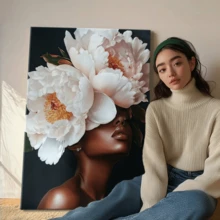 Elegant Black Art Painting African American Woman With Peony Head Surreal Floral Portrait Pink And White Flower Wall Art Gift - Framed, Vertical - 裱框畫布 - 查看 5