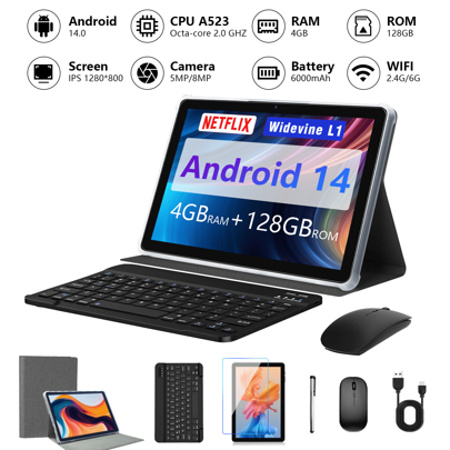 Qetupa 10.1 Inch Android 14 Tablet, 4GB RAM + 128GB ROM, A523 Octa - Core 2.0GHz, 1280x800 High - Definition IPS Touch Screen, 5MP + 8MP Dual Cameras, 6000mAh Battery, Supports 1TB SD Expansion, BT5.4 & 802.11ac WiFi 2.4G/6G Wireless, Accessories Included-- Christmas Atmosphere Essentials & Halloween Fun Equipment