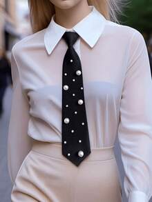 Women's Solid Black Tie, Suitable For Uniform Shirt Suit, Slouchy Tie For Daily Use For Dress For Christmas Decor - Pearl Tie - View 1