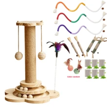 Cat Scratching Post, Indoor Cat Interactive Furniture Toy, 4-In-1 Wooden Cat Scratching Toy, 15.7" High Scratching Post With 2 Horizontal Cat Ball Tracks, Interactive Feather Toy And 2 Sisal Suspension Balls, Kitten Activity Center For Indoor Kittens And Adult Cats - Màu gỗ - Xem 14