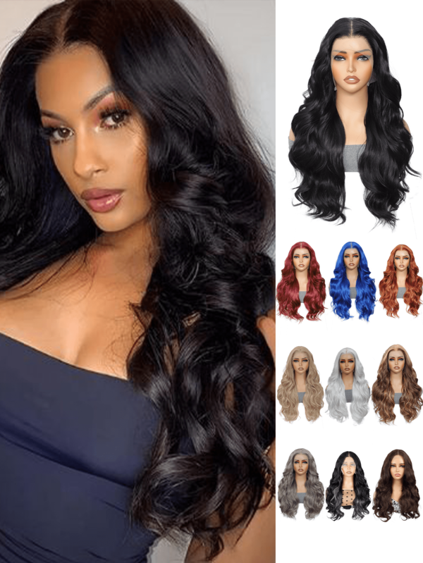 合成耐热 13x6 长波浪发 预拔发际线 合成高清蕾丝前假发 24 英寸 黑棕蓝灰银勃艮第锈棕色多色合成头发 每次拔发自然发际线 日常使用 高品质 适合女孩女性角色扮演 自然外观 优质合成柔软假发