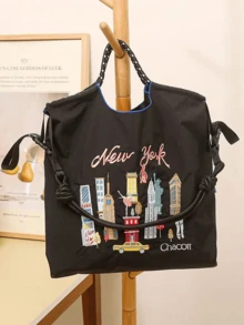 1pc Fashionable Versatile Embroidered Tote Bag, Lightweight Commuter Nylon Organizer Shopper Bag - Multicolor - View 1